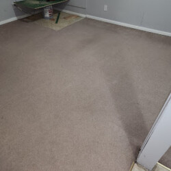 Room with beige carpet partially removed near the corner, revealing subfloor and tools on a workbench.