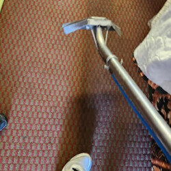A person uses a carpet cleaning machine on a patterned red and green carpet next to a bed and a floral blanket.