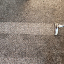 A carpet is being cleaned with a carpet cleaner, showing a clear line between the cleaned and dirty areas.