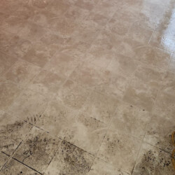 Tile floor being cleaned; the top half is clean and shiny while the bottom half appears dirty and stained.