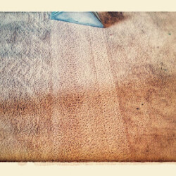 Close-up of a textured beige surface with a faint triangular object at the top, framed by a vintage photo border.