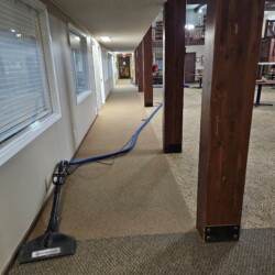 A carpet cleaning machine with blue hose sits on a hallway floor next to wooden pillars and office windows.