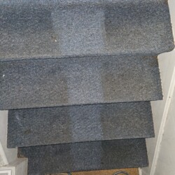 Four carpeted stairs, partially cleaned, showing a stark contrast between the cleaned and uncleaned areas.