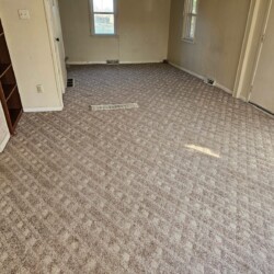 Empty room with patterned carpet, beige walls, a built-in shelf, two windows, and a door.