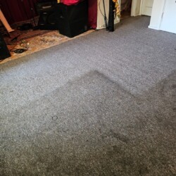 Gray carpet with a visible rectangular outline where furniture was previously placed, in a room with musical equipment.