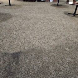 A patterned carpet with a visible dark stain, surrounded by several round tables spaced apart.